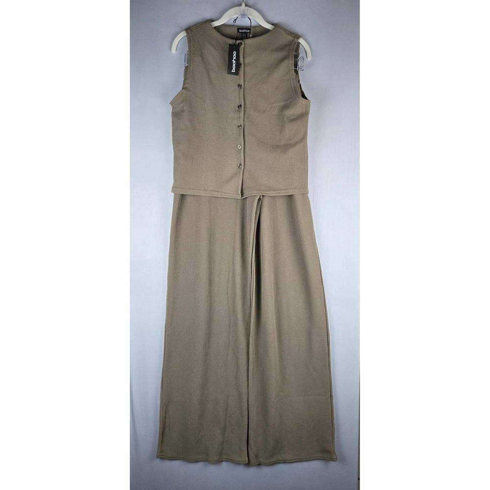 Boohoo Women Taupe Waffle Knit 2 Piece Set Button Vest Wide Leg Pants US 12 NEW